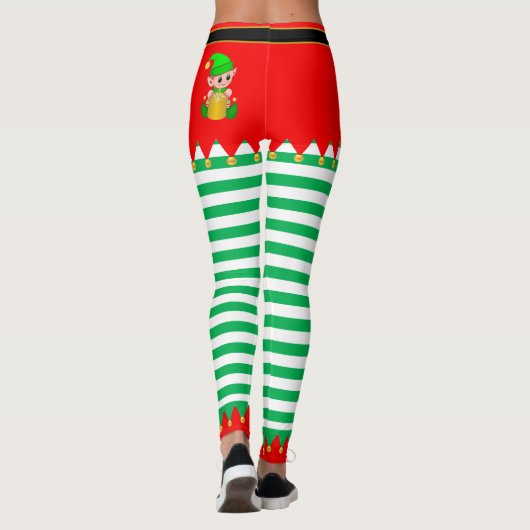 Kerst: Elf en Jingle Bells op groen en wit Leggings (Achterkant)