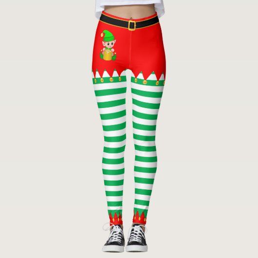 Kerst: Elf en Jingle Bells op groen en wit Leggings (Voorkant)