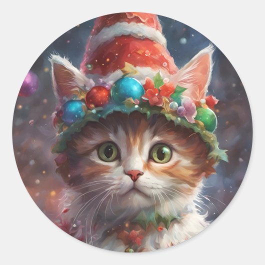 Kerst Elf Kat, Vakantie Kitten Cat, Pet Ronde Sticker (Voorkant)