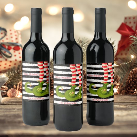 Kerst-Elf Legs Black en White Stripes Wijn Etiket