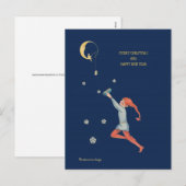 Kerst elf, maan en cadeau - donkerblauwe nacht feestdagenkaart (Voorkant / Achterkant)