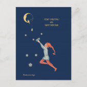 Kerst elf, maan en cadeau - donkerblauwe nacht feestdagenkaart (Voorkant)