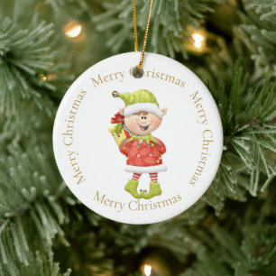Kerst Elf met Cadeau Keramisch Ornament