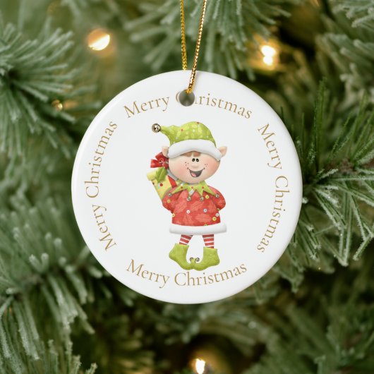 Kerst Elf met Cadeau Keramisch Ornament (Boom)