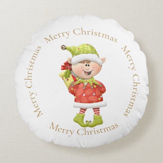 Kerst Elf met Cadeau Rond Kussen (Voorkant)