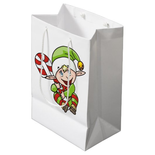 Kerst Elf met Candy Cane Kinderen Medium Cadeauzakje (Voorkant Gekanteld)