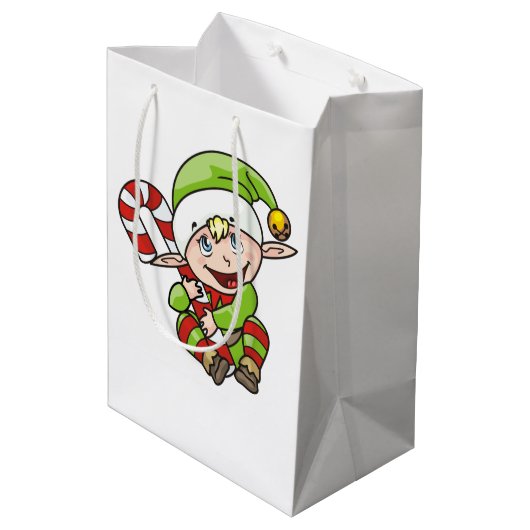 Kerst Elf met Candy Cane Kinderen Medium Cadeauzakje (Achterkant Gekanteld)