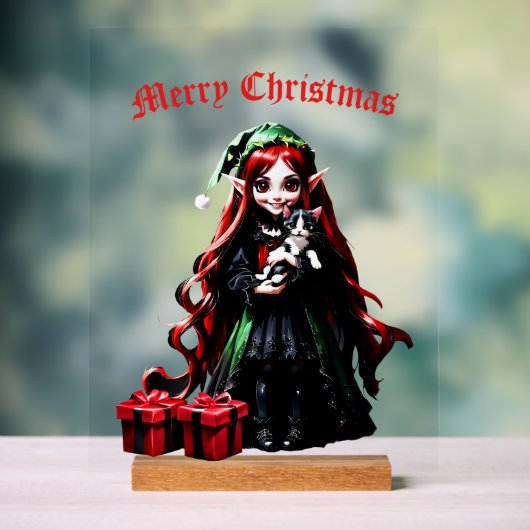 Kerst Elf met Kitten. Acryl Bord (Neutraal)