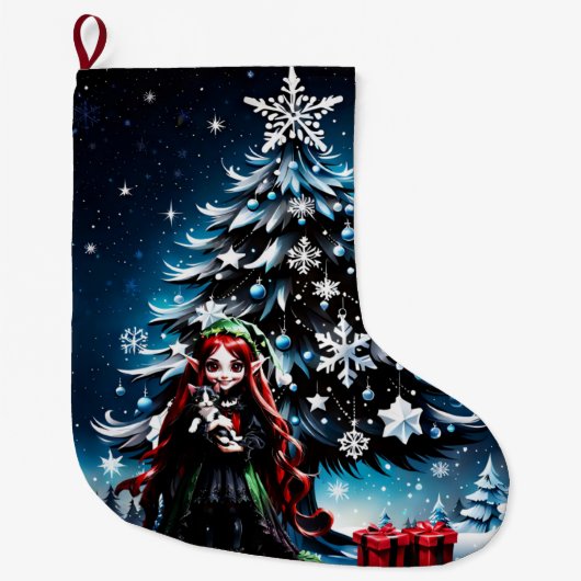 Kerst Elf met Kitten. Grote Kerstsok (Voorkant)