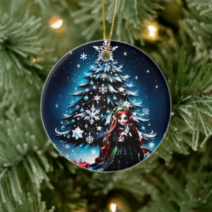 Kerst Elf met Kitten. Keramisch Ornament