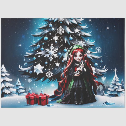 Kerst Elf met Kitten. Tissuepapier (Voorkant)