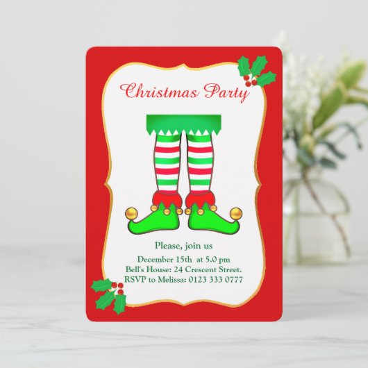 Kerst Elf op Rode Partij Uitnodiging (Staand voorkant)