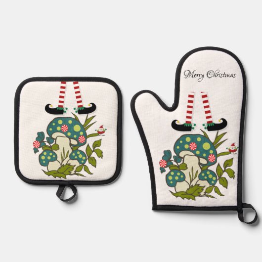 Kerst Elf Oven Mitt & Pot Houders Ovenwant & Pannenlap Set (Voorkant)