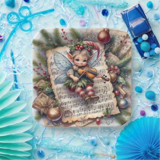 Kerst Elf speelt viool Papieren Bordje (Feest)