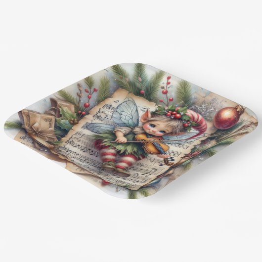 Kerst Elf speelt viool Papieren Bordje (Gebogen)