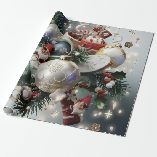 Kerst Elfen en Ornamenten Cadeaupapier (Uitgerold)