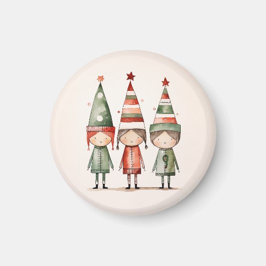 Kerst Elfen in feestelijke Petten Magneet (Voorkant)