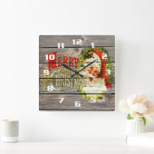 kerst en kerstman op Rustic oud hout Vierkante Klok (Huis)