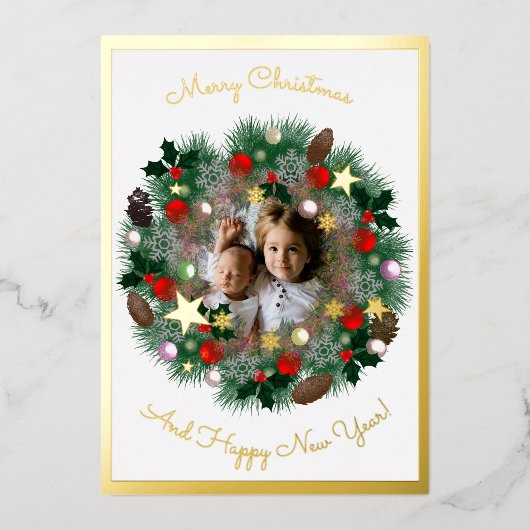 Kerst- en Nieuwjaarsgroeten, foto in een krans Folie Feestdagenkaart (Voorkant)