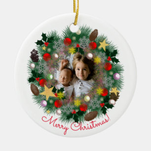 Kerst- en Nieuwjaarsgroeten, foto in krans Keramisch Ornament