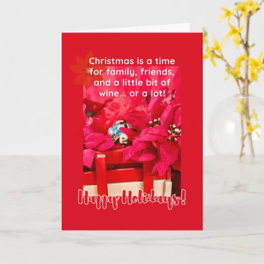 Kerst en veel wijn Schildpad en poinsettia's Kaart (Gele Bloem)