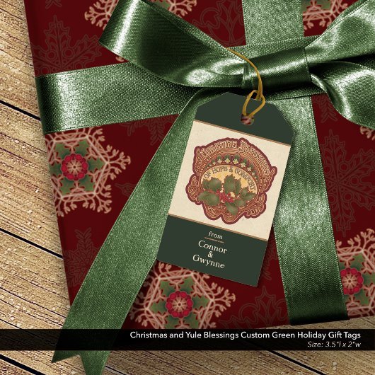 Kerst en Yule Blessings Custom Green Holiday Cadeaulabel