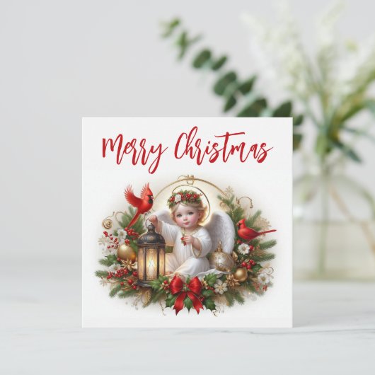 Kerst engel en kardinalen kaart (Staand voorkant)