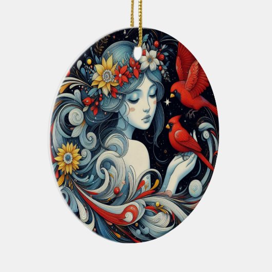 Kerst engel en kardinalen keramisch ornament (Rechts)