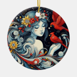 Kerst engel en kardinalen keramisch ornament