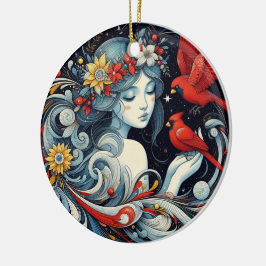 Kerst engel en kardinalen keramisch ornament (Links)