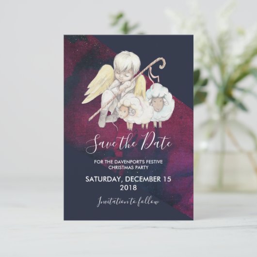 Kerst Engel Herder met Lambs Save the Date Kaart (Staand voorkant)