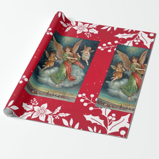 Kerst Engel Holly COLLAGE inpakpapier (Uitgerold)