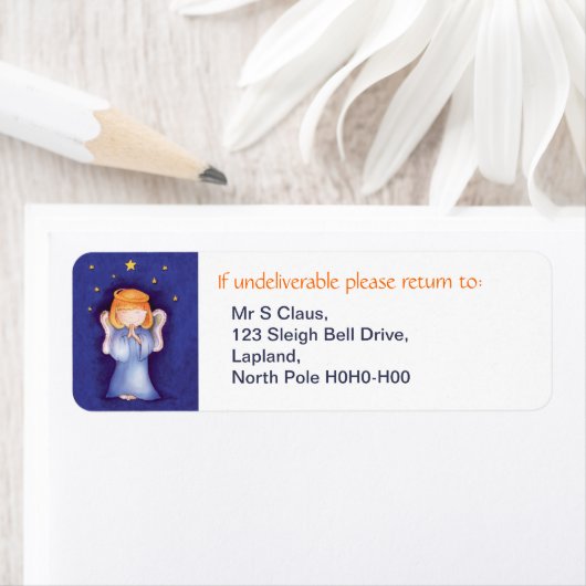 Kerst engel retour adreslabels blauw etiket (Insitu)
