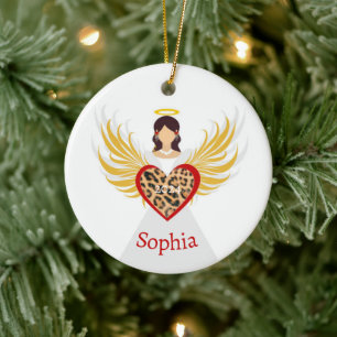 Kerst Engel Rode Hart Luipaard Vleugels Naam Gift Keramisch Ornament