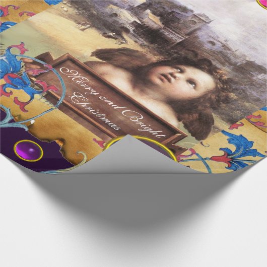 KERST ENGEL, ROOD BLAUW BLOEMPERKAMENT ROZE EDELST CADEAUPAPIER (Hoek)