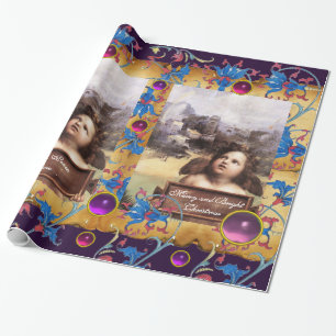 KERST ENGEL, ROOD BLAUW BLOEMPERKAMENT ROZE EDELST CADEAUPAPIER