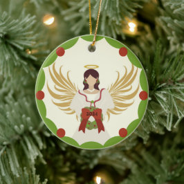 Kerst Engel Rood Groene Holly Krans Jaar 2024 Keramisch Ornament