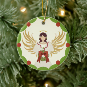 Kerst Engel Rood Groene Holly Krans Jaar 2024 Keramisch Ornament