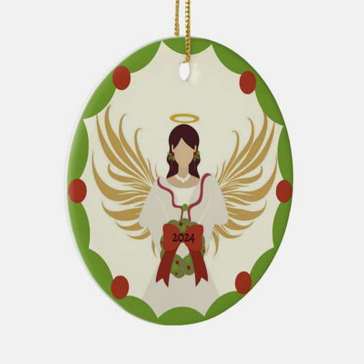 Kerst Engel Rood Groene Holly Krans Jaar 2024 Keramisch Ornament (Rechts)