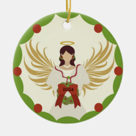 Kerst Engel Rood Groene Holly Krans Jaar 2024 Keramisch Ornament