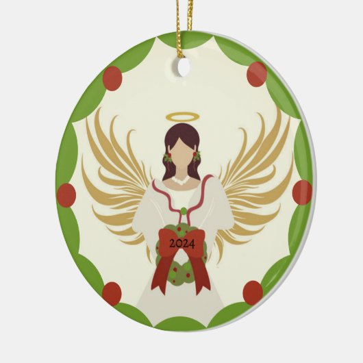 Kerst Engel Rood Groene Holly Krans Jaar 2024 Keramisch Ornament (Links)