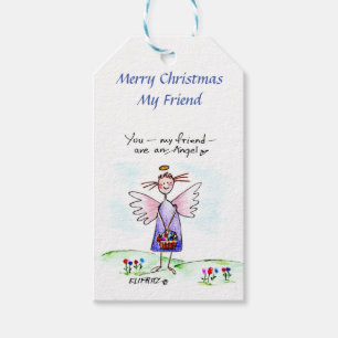 Kerst engel tekening Paarse "You My Friend" Cadeaulabel