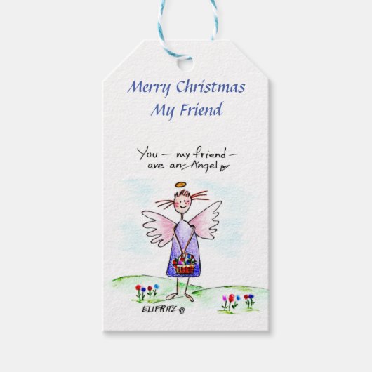 Kerst engel tekening Paarse "You My Friend" Cadeaulabel (Voorkant)