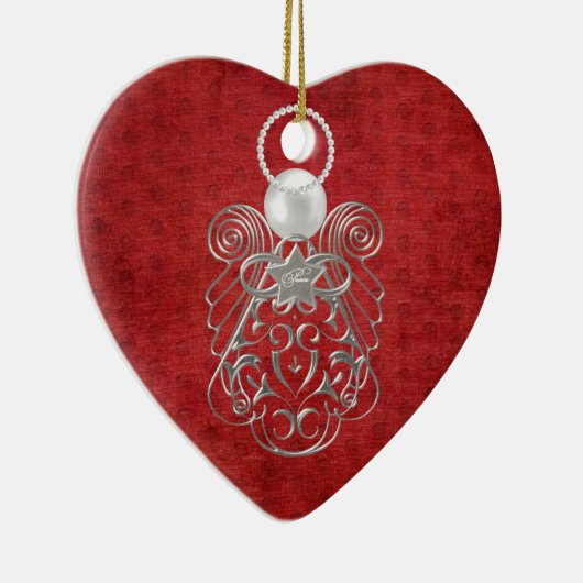 Kerst Engel van Vrede op rode getextureerde Chenil Keramisch Ornament (Rechts)