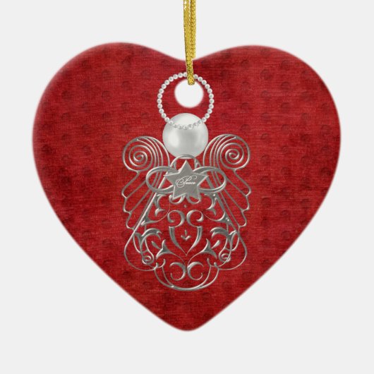 Kerst Engel van Vrede op rode getextureerde Chenil Keramisch Ornament (Voorkant)