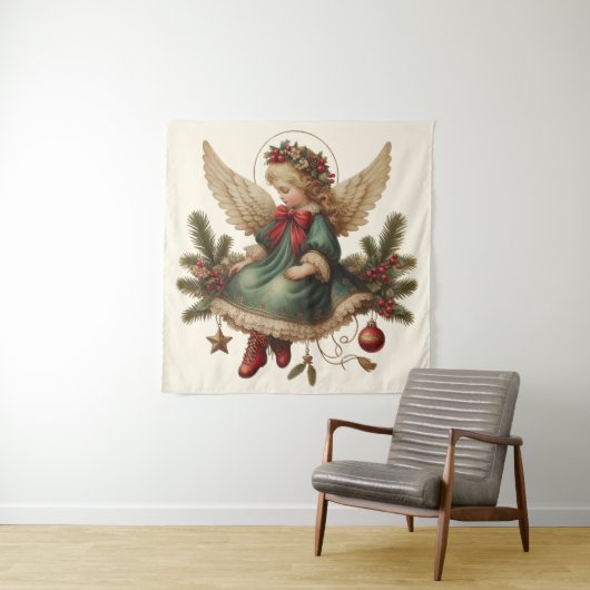 Kerst engel wandtapijt vintage wandkleed (In situ)
