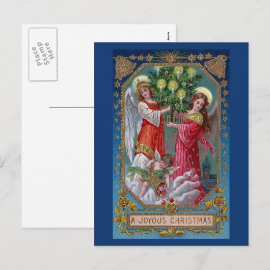 Kerst engelen en cherub met boom feestdagenkaart (Voorkant / Achterkant)