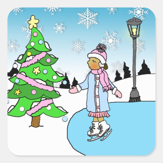 Kerst etnisch Ice Skater op Snowy Winter Day Vierkante Sticker (Voorkant)
