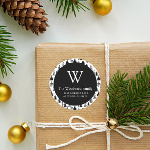Kerst Evergreen Bomen Zwart en Wit Adres Ronde Sticker