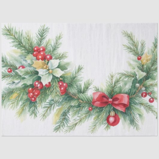 Kerst Evergreen Garland Bows Red Berries Tissuepapier (Voorkant)